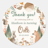 キュートなウッドランド動物1歳の誕生日パーティー ラウンドシール (正面)