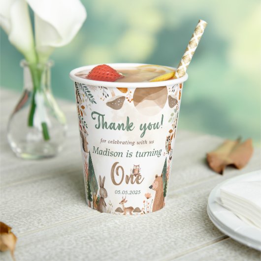キュートなウッドランド動物1歳の誕生日パーティー 紙コップ (インサイチュ)