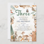 キュートなウッドランド・アニマルズ3歳の誕生日パーティー 招待状 (正面)