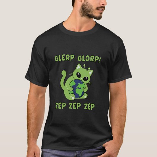 キュートなエイリアンキャットが地球を抱きしめる面白いGnarp Cat Brain Tシャツ (正面)