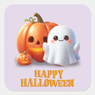 キュートなオバケとカボチャのハッピーハロウィンスクエアステッカー スクエアシール