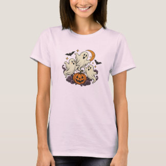 キュートなオバケのかぼちゃ ハロウィン レディース ピンクTシャツ Tシャツ