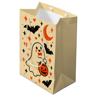 キュートなオバケのハロウィンパーティーお土産袋｜ヴィンテージ柄トリ ミディアムペーパーバッグ