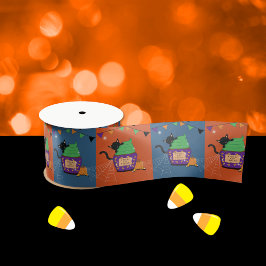 キュートなオレンジとブルーの黒猫ハロウィンリボン サテンリボン