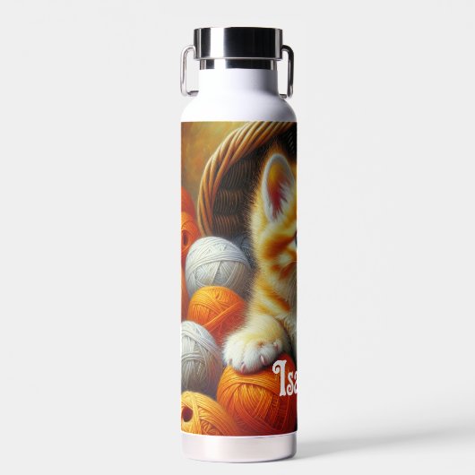 キュートなオレンジと白遊の子猫の糸 ウォーターボトル (正面)