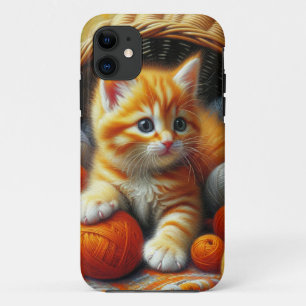 キュートなオレンジと白遊の子猫の糸 iPhone 11 ケース