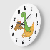 キュートなオレンジの恐竜と火山/ビッグナンバー ラージ壁時計 (傾斜)