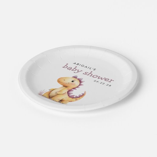 キュートなオレンジ色の紫色の恐竜の赤ちゃんシャワー ペーパープレート (アングル)