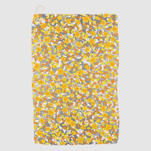 キュートなオレンジ色の黄色の白い花模様 ゴルフタオル (正面)