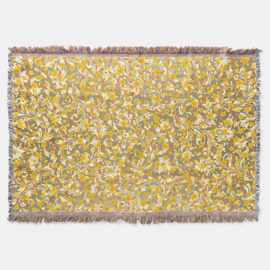 キュートなオレンジ色の黄色の白い花模様 スローブランケット (正面)