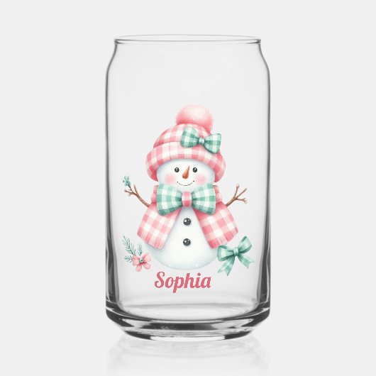 キュートなオーダーメイド ピンクの雪だるま ガラス缶 (正面)