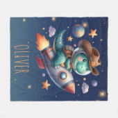 キュートなカウボーイ宇宙飛行士の恐竜に乗る宇宙ロケット フリースブランケット (正面(横))