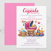 キュートなカップケーキ ピンクのベビーカー ベビーシャワー 招待状 (正面/裏面)