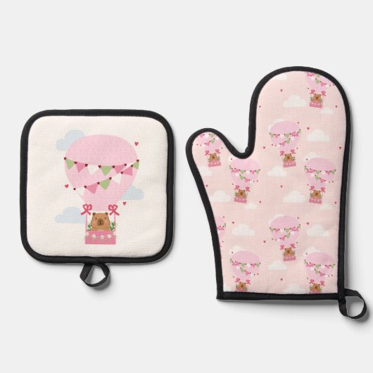 キュートなカピバラのピンクの熱気球エプロン 鍋つかみ&鍋敷きセット (正面)