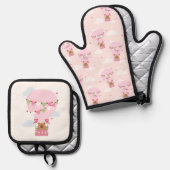 キュートなカピバラのピンクの熱気球エプロン 鍋つかみ&鍋敷きセット (正面/裏面)