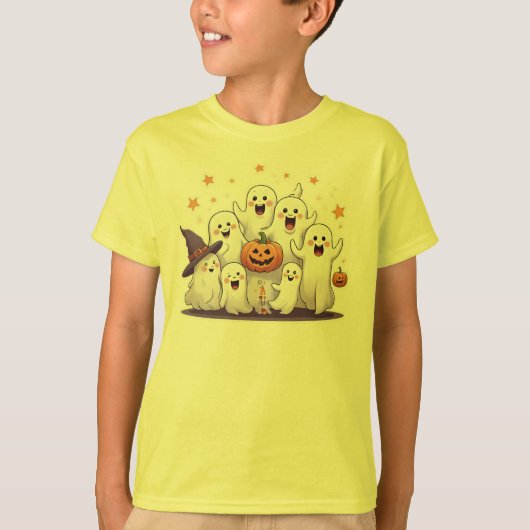 キュートなカボチャと幽霊の子供用ハロウィンTシャツ – パス Tシャツ (正面)
