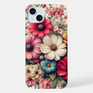 キュートなカラフルなヴィンテージ フラワーコラージュ iPhone 15 PLUSケース