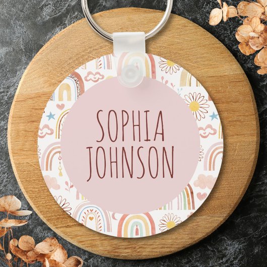 キュートなカラフル虹とデイジーの花 キーホルダー