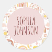 キュートなカラフル虹とデイジーの花 ラウンドシール (正面)