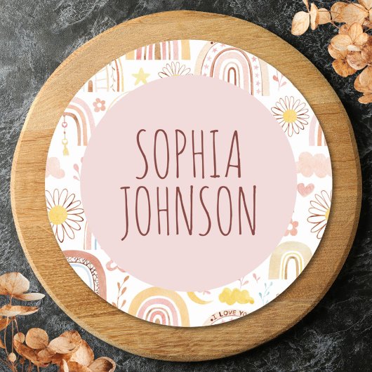 キュートなカラフル虹とデイジーの花 ラウンドシール