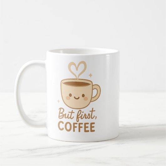 キュートなカワイイ コーヒーマグ | でもまずはコーヒーから | 笑顔 コーヒーマグカップ (左)