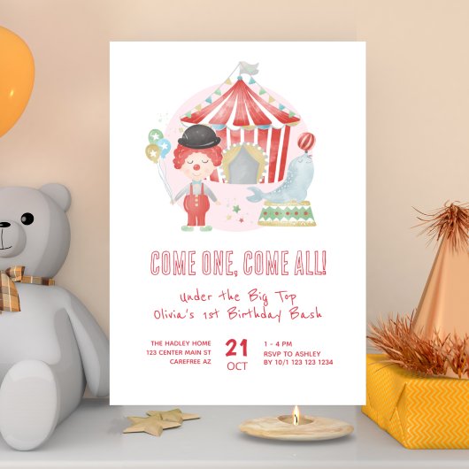 キュートなカーニバルサーカスの1歳の誕生日パーティー 招待状
