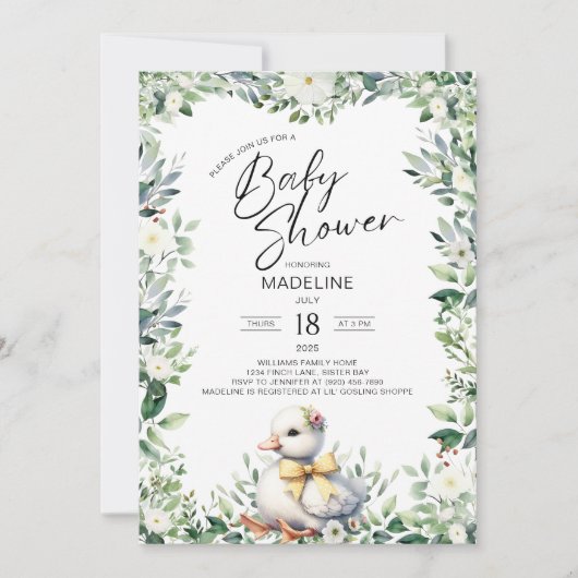 キュートなガチョウとボウベビーシャワー招待状 招待状 (正面)