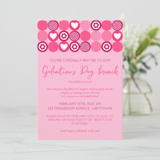 キュートなガレンティーズデイブランチピンクのハートと花 招待状 (スタンド正面)