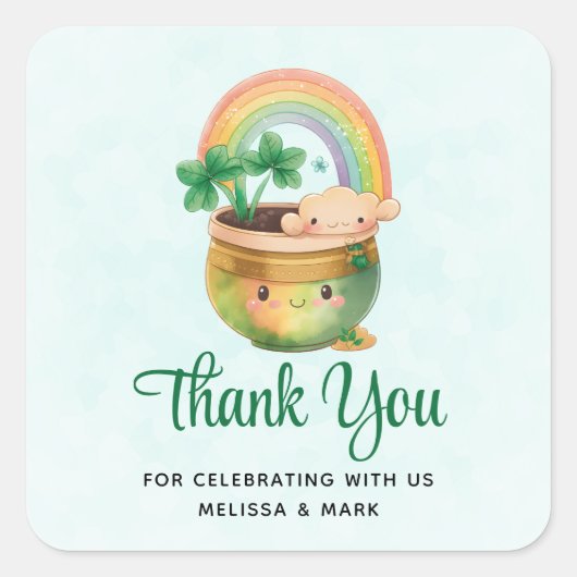 キュートなガーデンプランターとレインボー&クローバーパーティー スクエアシール (正面)