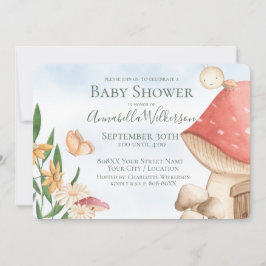 キュートなガーデンマッシュルームとレディバグ 招待状