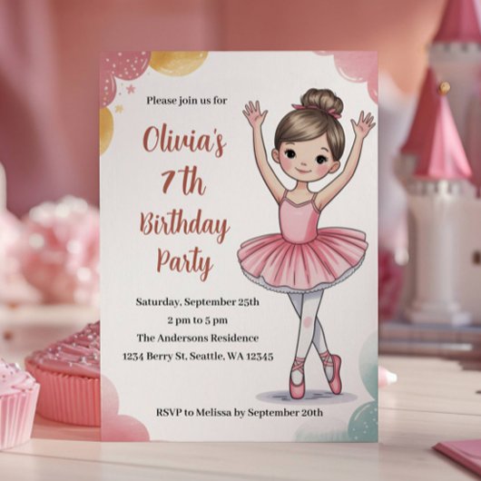 キュートなキッズバレリーナの7歳の誕生日パーティー 招待状