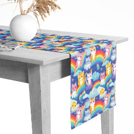 キュートなキティ猫オンレインボウズ誕生日 ショートテーブルランナー