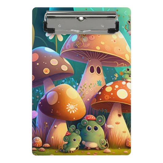 キュートなキノコと花が緑色のクリップボードをバグ ミニクリップボード (正面)