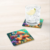 キュートなキノコと花が緑 スクエアペーパーコースター (インサイチュ)