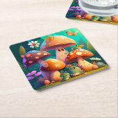 キュートなキノコと花が緑 スクエアペーパーコースター (アングル)