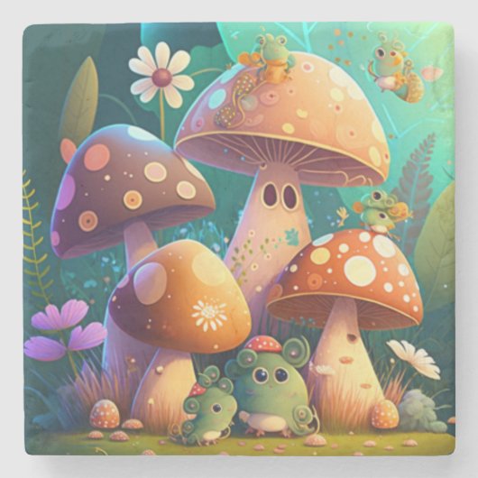 キュートなキノコと花が緑 ストーンコースター (正面)