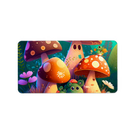 キュートなキノコと花が緑 ラベル