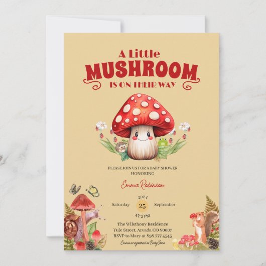 キュートなキノコのカタツムリの森の秋赤ちゃんシャワー 招待状 (正面)