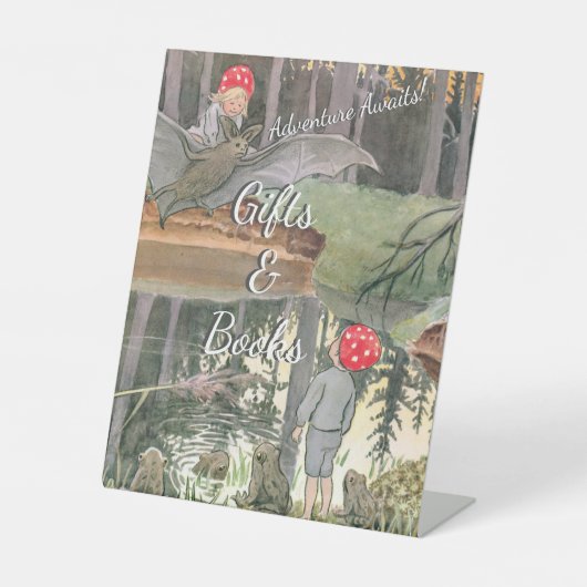 キュートなキノコの木の国の赤ちゃんシャワー本とギフト 台座サイン (正面)