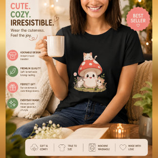 キュートなキノコの猫Tシャツ – 可愛いカントリーコアなデザイン Tシャツ