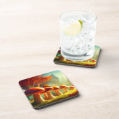 キュートなキノコの路地のカラフル魔法の風景 コースター (右側)