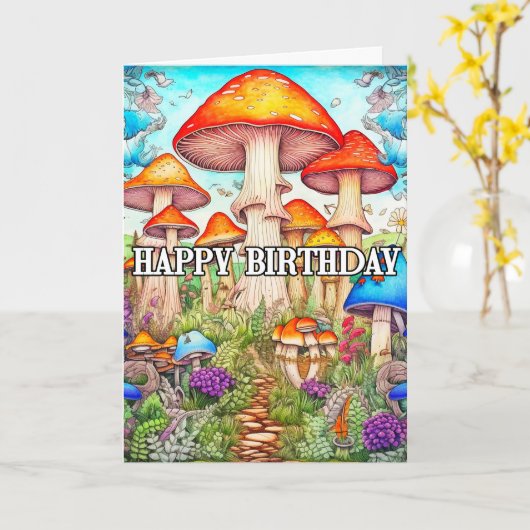 キュートなキノコの過生林イラストレーション カード (黄色い花)