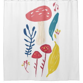 キュートなキノコイラストレーション シャワーカーテン