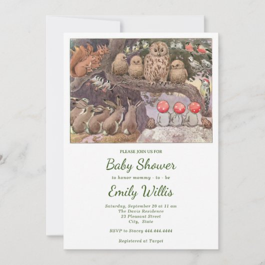 キュートなキノコ樹林動物の赤ちゃんシャワー 招待状 (正面)