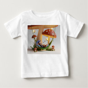 キュートなキャラクターのサルが魔法のキノコの中で眠る F ベビーTシャツ