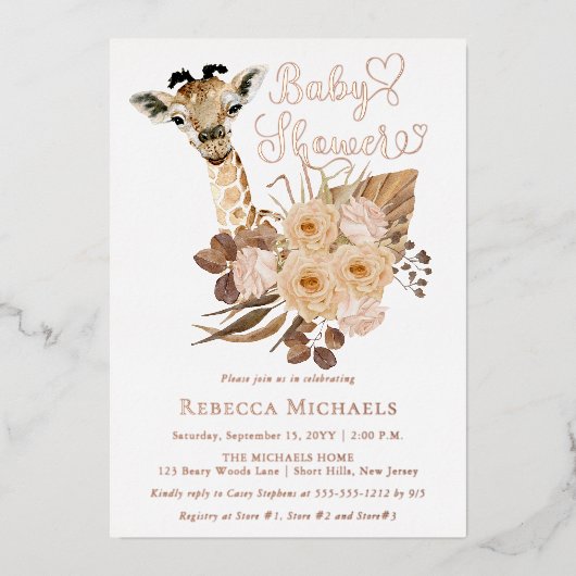 キュートなキリンぼほ乾燥した草赤ちゃんシャワー 箔招待状 (正面)