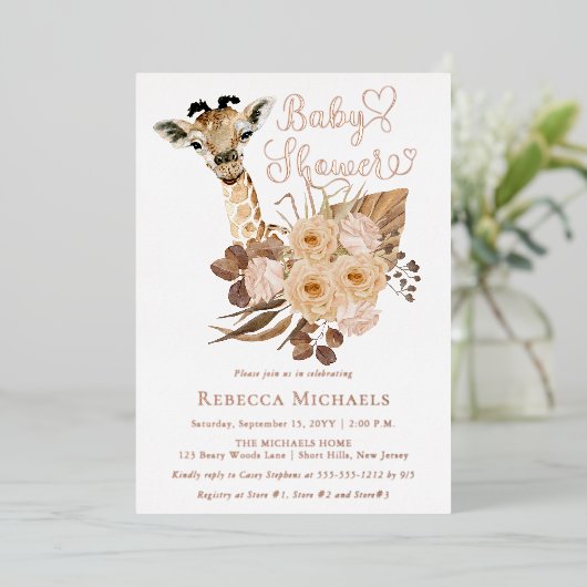 キュートなキリンぼほ乾燥した草赤ちゃんシャワー 箔招待状 (立ち正面)