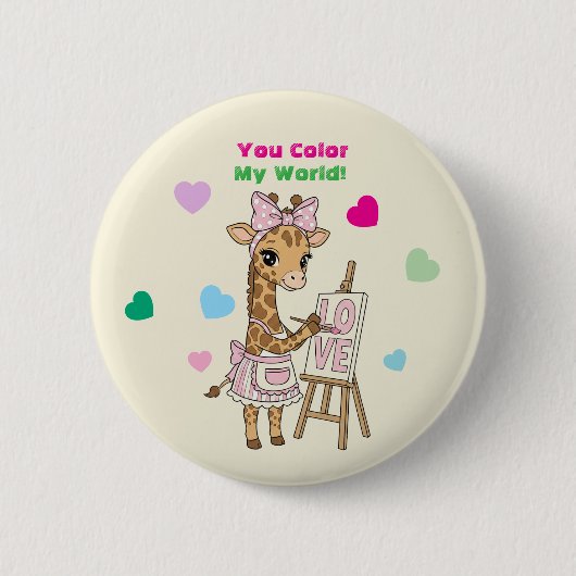 キュートなキリン芸術家 "You Color My World" バレンタイン 缶バッジ (正面)