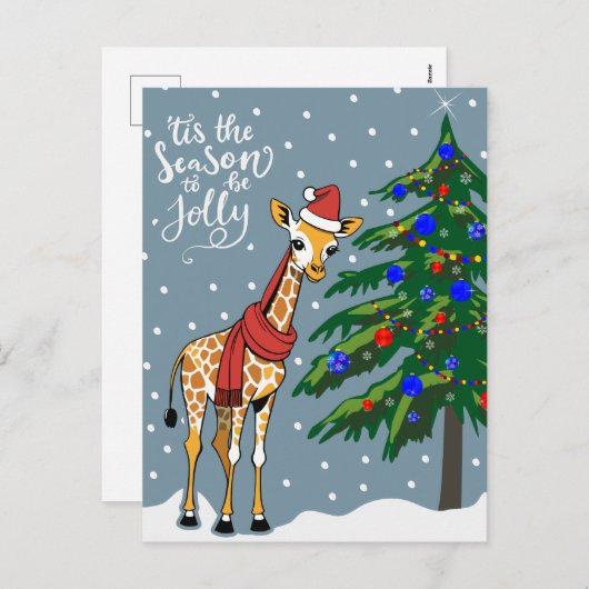 キュートなキリン・ビーニーとクリスマスツリー付きスカーフ シーズンポストカード (正面/裏面)