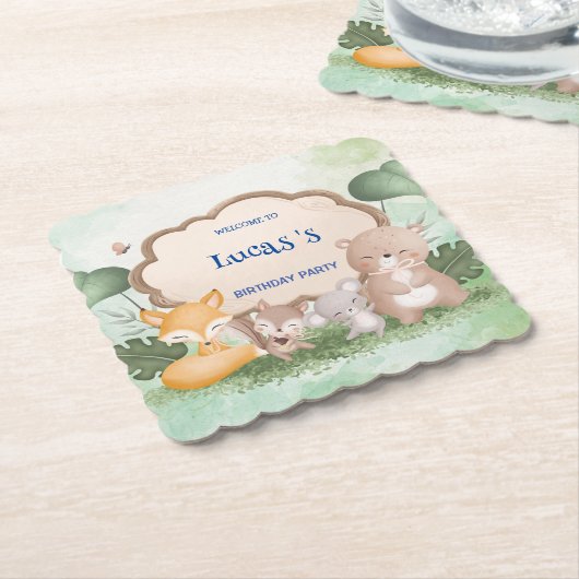 キュートなクマのリス熱帯ジャングルバースデーパーティー ペーパーコースター (アングル)